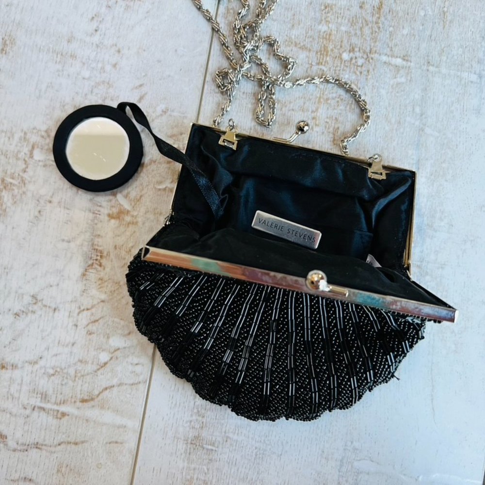Valerie Stevens Black Beaded Evening Bag w/Mirror - Picture 2 of 5